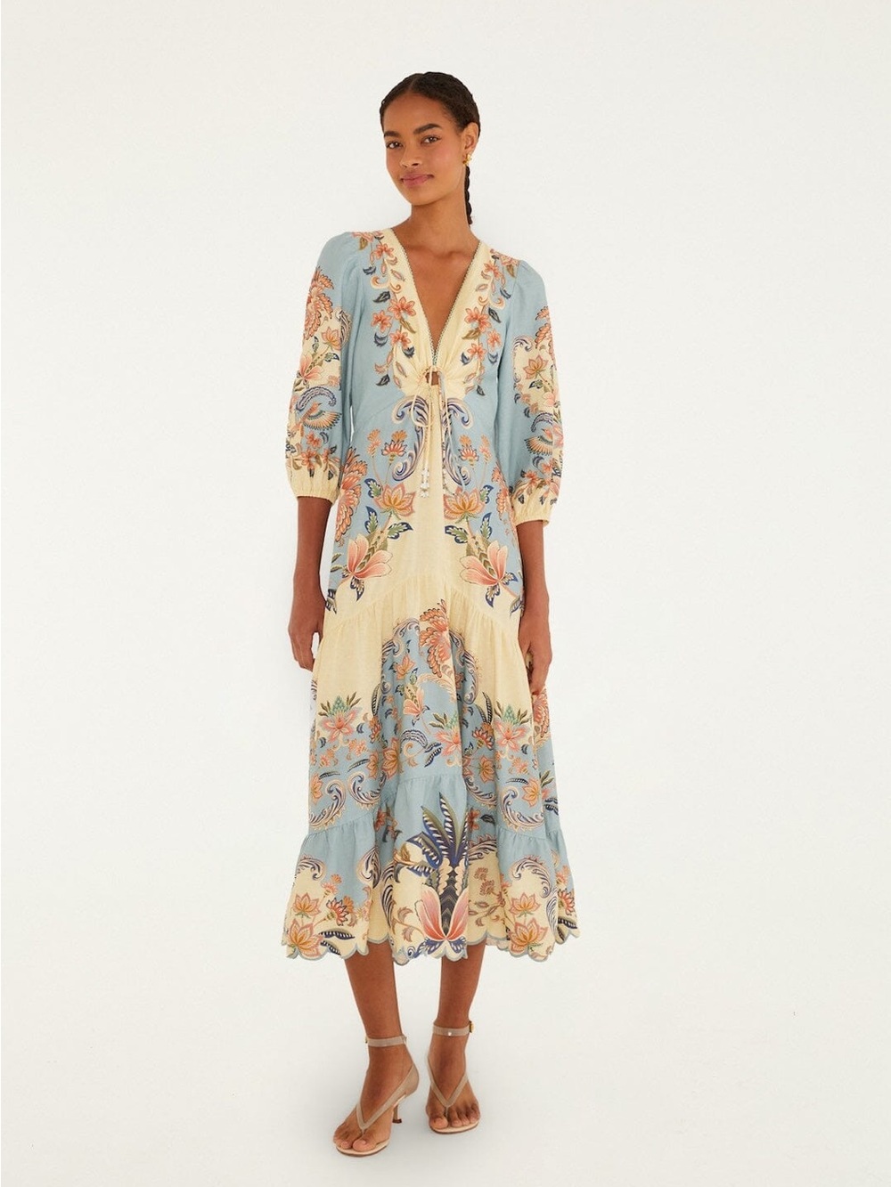 FARM Rio Blue and Cream Floral Tie-Front Midi Dress